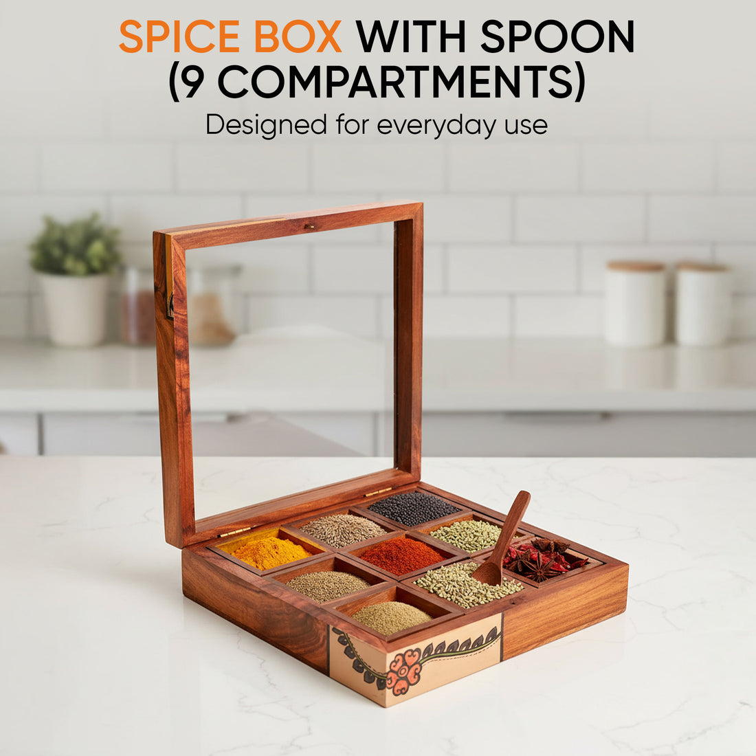 Spice Box Handcrafted Tribal Art 9 Slot Wooden with Spoon (8x8x2)