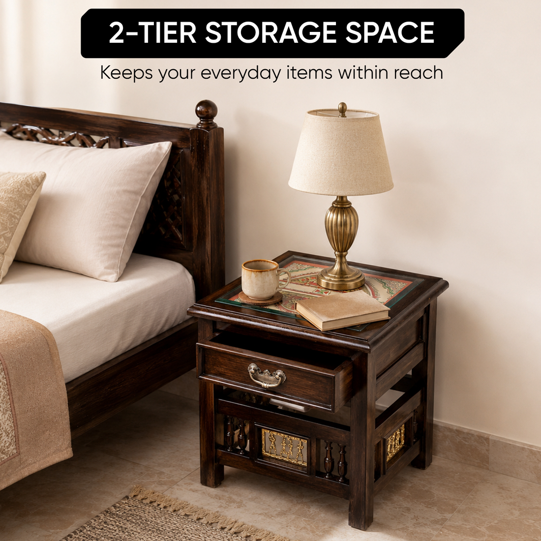 Myra Side Table in Teakwood with Walnut Finish, with Drawer (18x15x17)