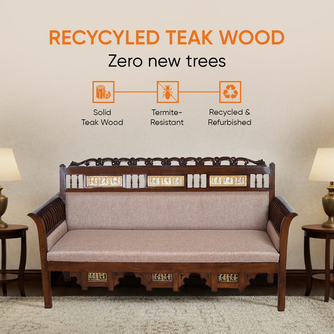Maharaja Three Seater Sofa in Teakwood with Walnut Finish adorned with Dhokra Brass Frames
