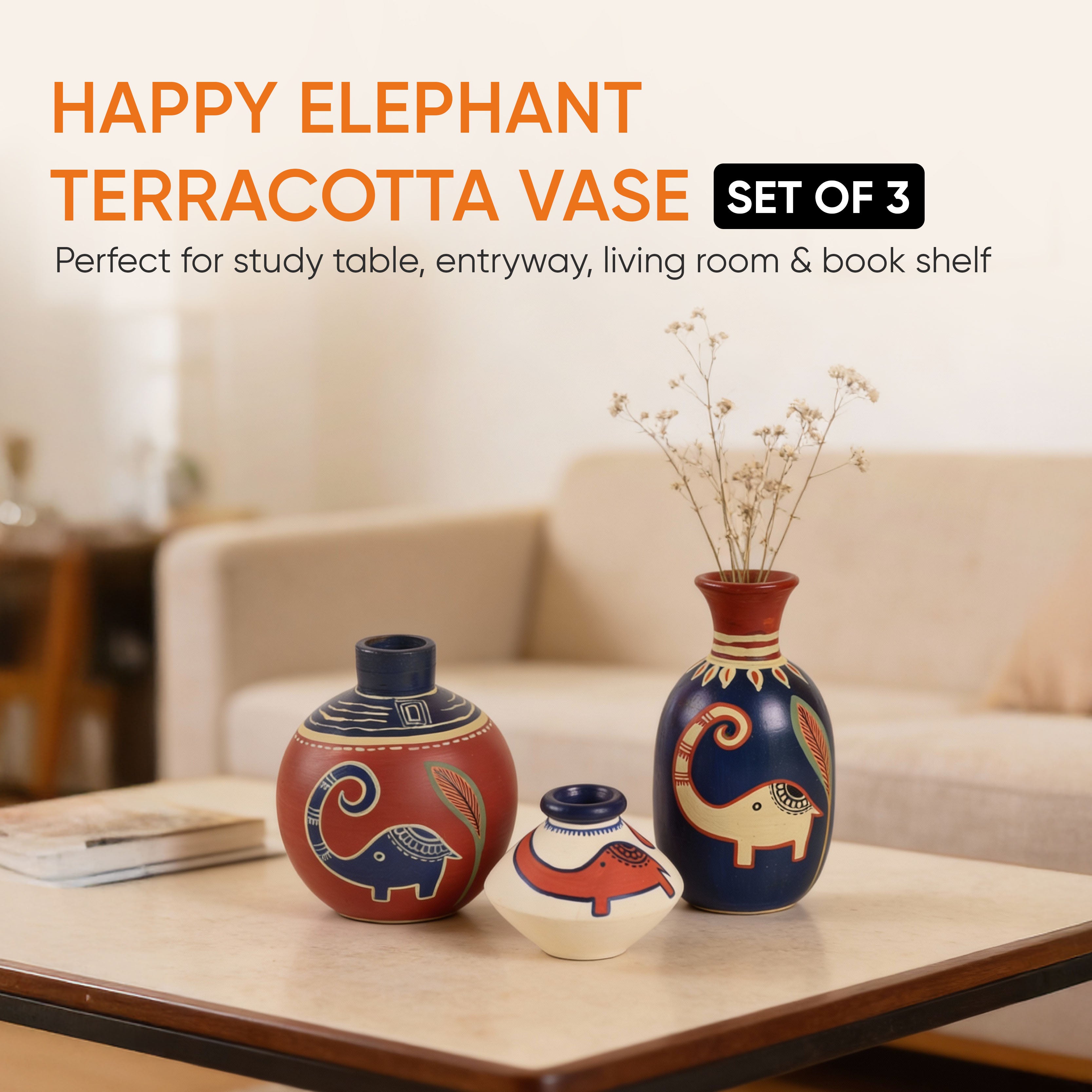 Happy Elephant Vases (So3) in Red/Blue/White (2.5x5/3x4/2.5x2.5)