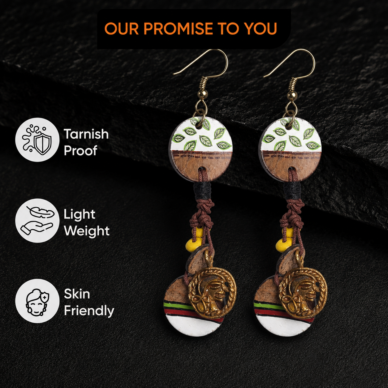 Boho Chic: Hanging Brass Wooden Earrings with Leaf Designs