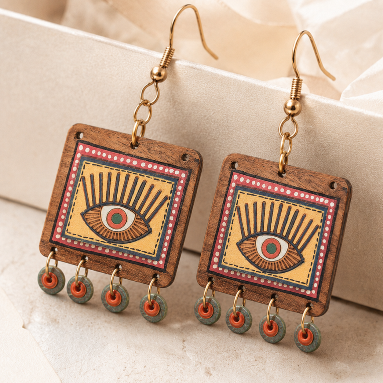 Evil Eye-V' Handcrafted Tribal Wooden Earrings