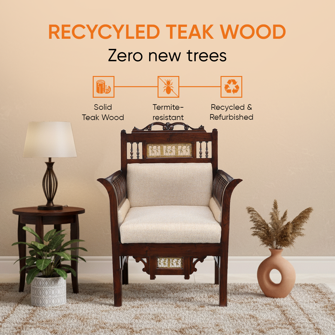 Maharaja Single Seater Sofa in Teakwood with Walnut Finish adorned with Dhokra Brass Frames (30x26x38)