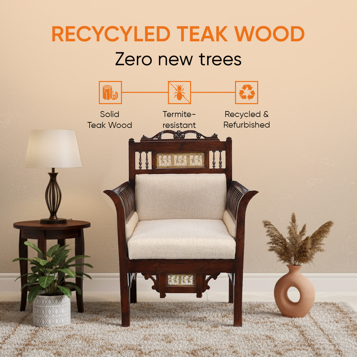 Maharaja Single Seater Sofa in Teakwood with Walnut Finish adorned with Dhokra Brass Frames (30x26x38)