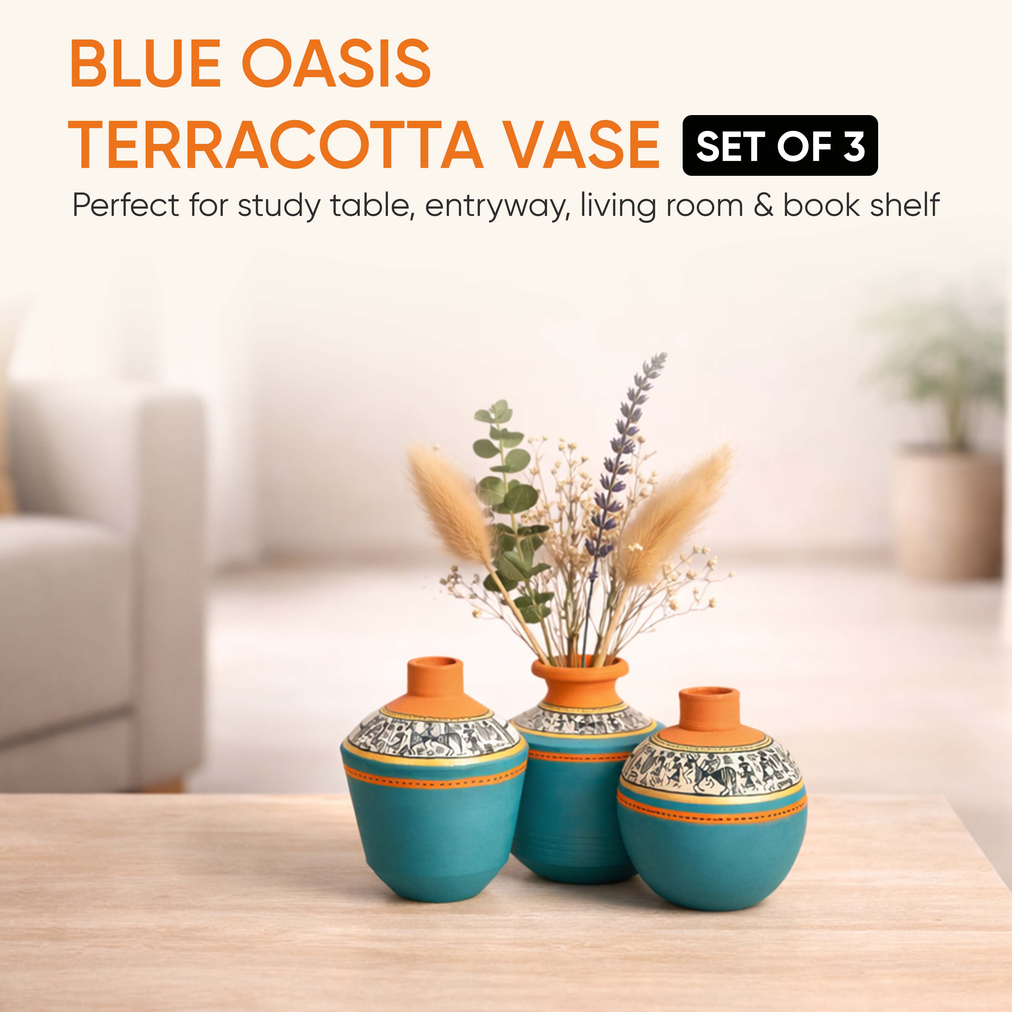 Blue Oasis Terracotta Vase Set of 3, Handcrafted Tribal Artdecor with Earthy Accents