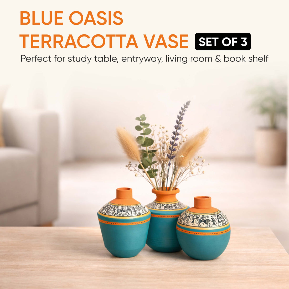 Blue Oasis Terracotta Vase Set of 3, Handcrafted Tribal Artdecor with Earthy Accents
