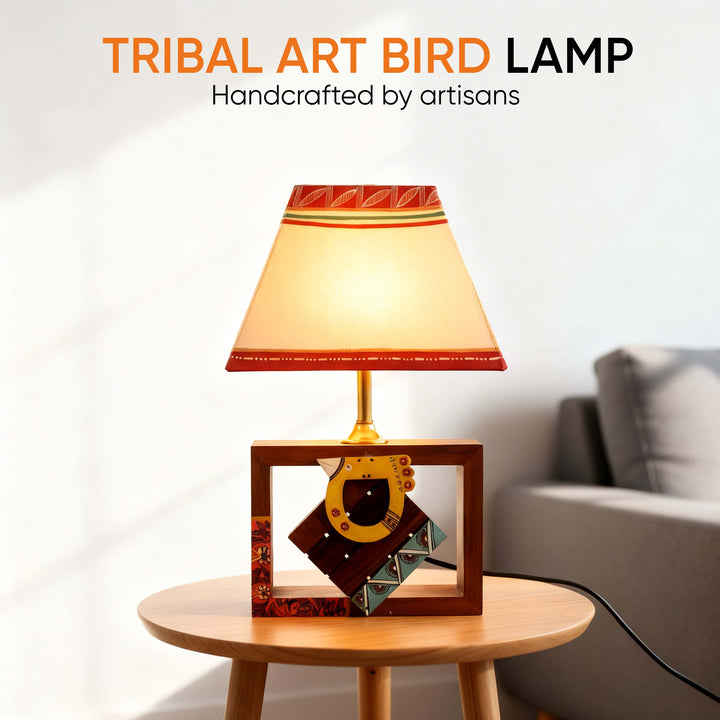 Table Lamp Handcrafted Wooden Tribal Art Bird SQ White 10"Shade (8x4x10.7)