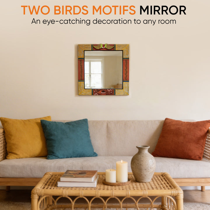 Mirror Handcrafted Madhubani Art Two Birds Motifs (13x13)