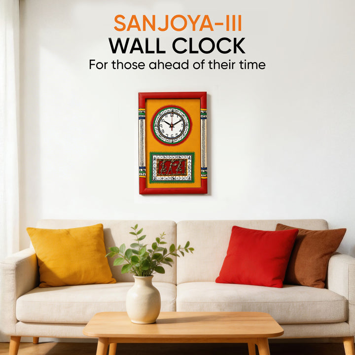 Wall Clock Handcrafted Warli/Dhokra Art Yellow Dial with Glass Frame (10x15)