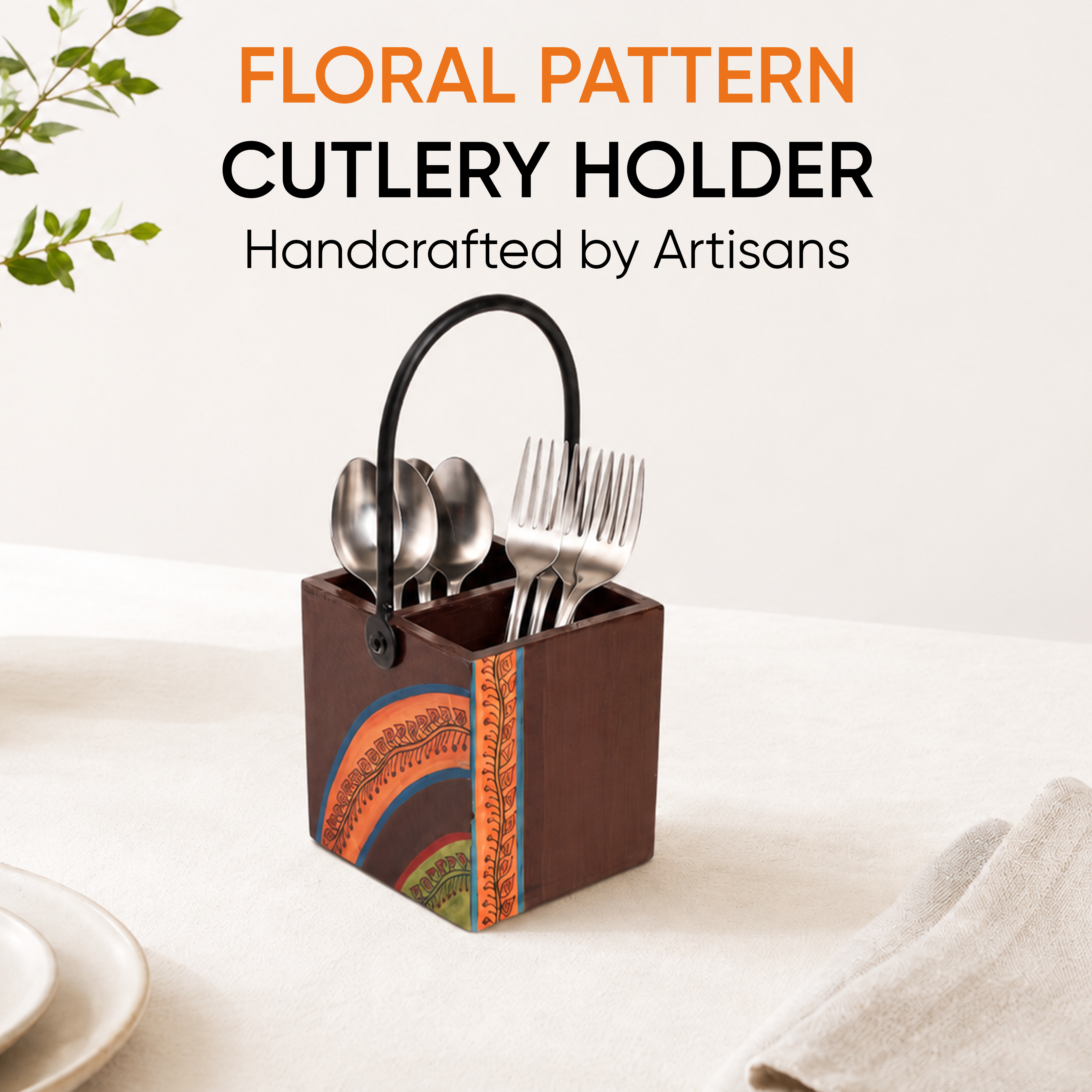 Cutlery Stand with Floral Patterns Handcrafted in Wood with Iron Handle (4x4x8.5)