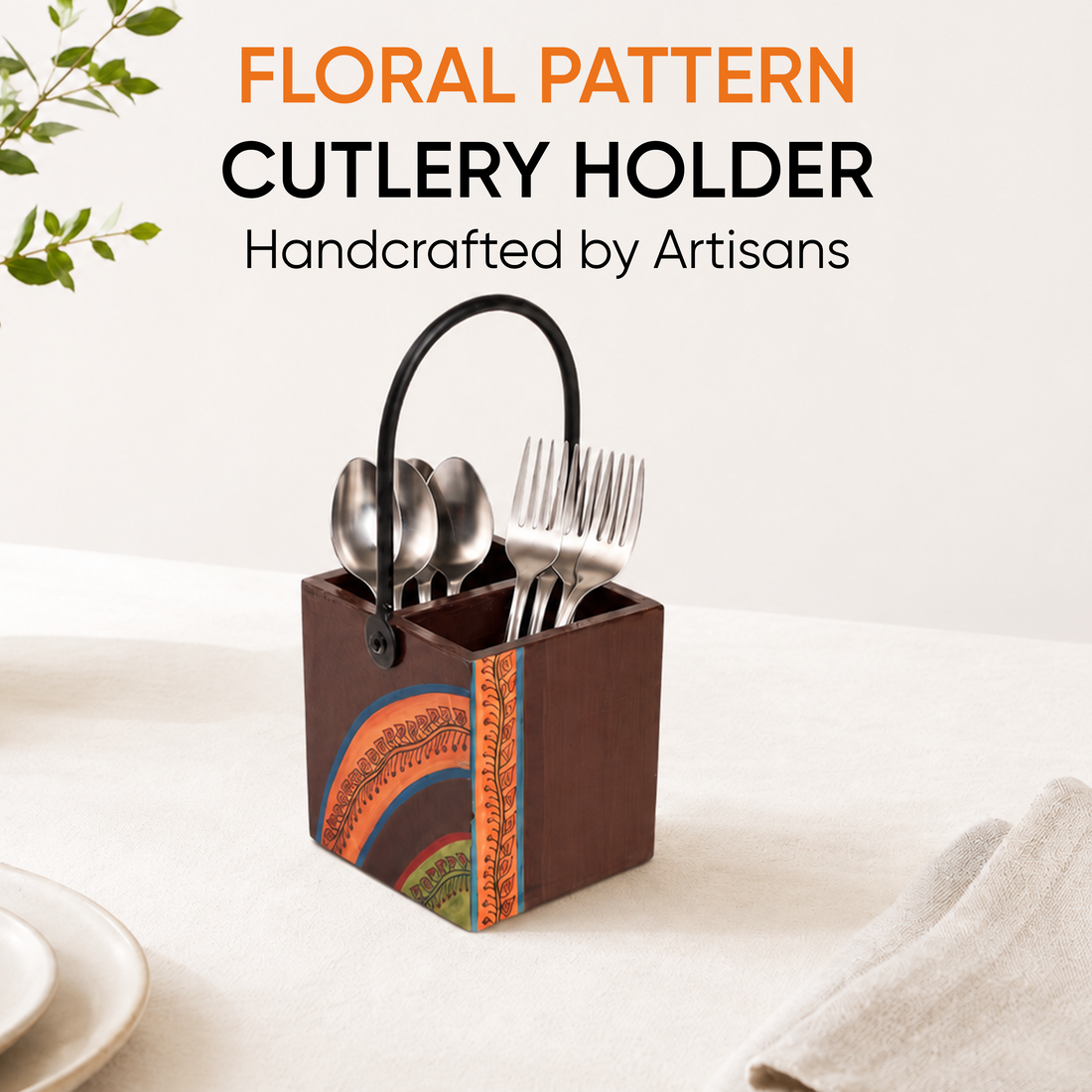 Cutlery Stand with Floral Patterns Handcrafted in Wood with Iron Handle (4x4x8.5)