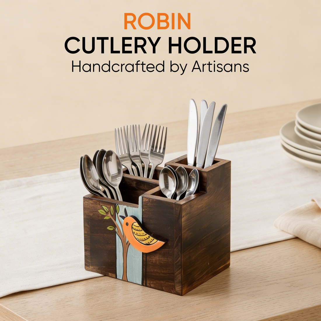 Robin Handcrafted Wooden Cutlery Holder, Elegant Organizer for Kitchen and Dining Table