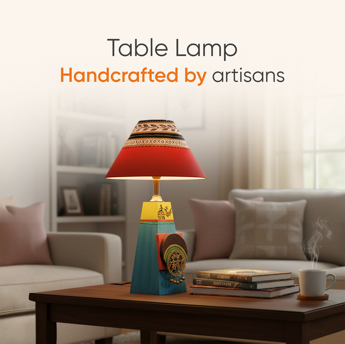 Turquoise Blue Lamp Embellished with Dhokra Brass Tiles & Red Shade