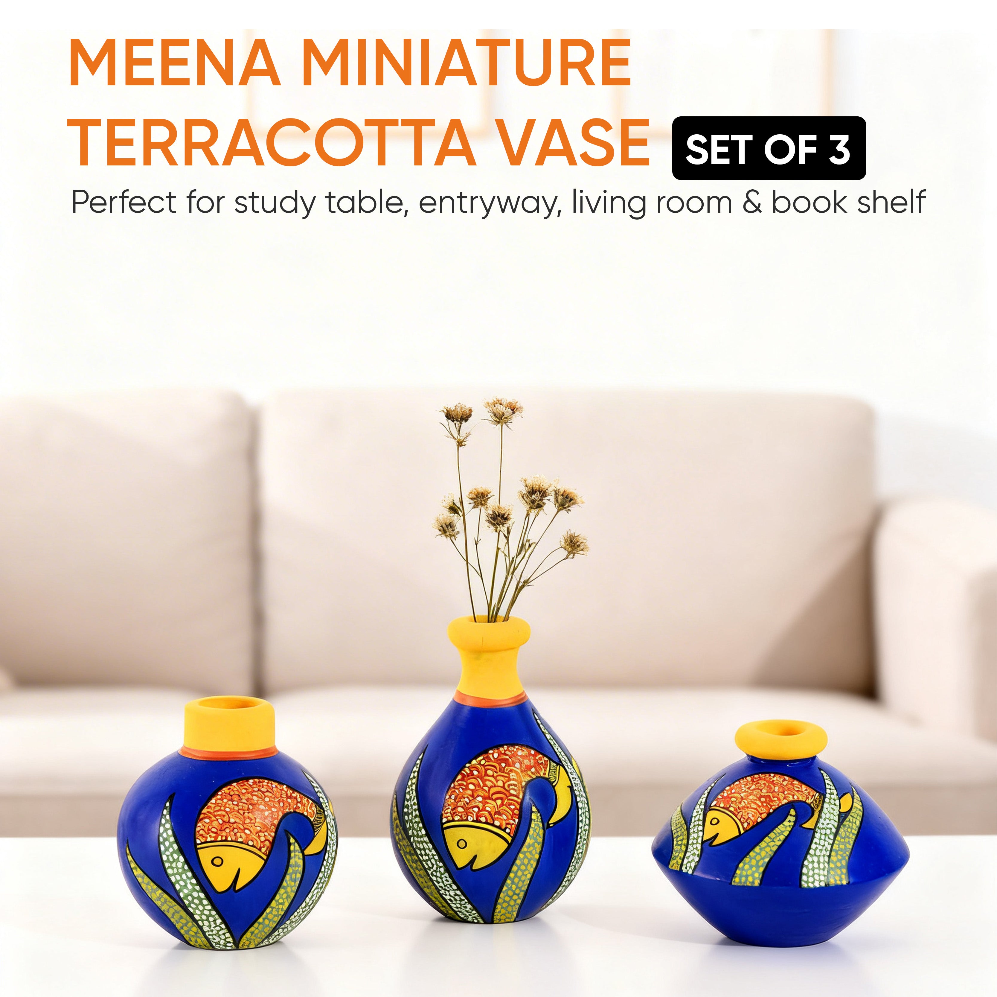 Something's Fishy Terracotta Vase Set of 3 (Blue)