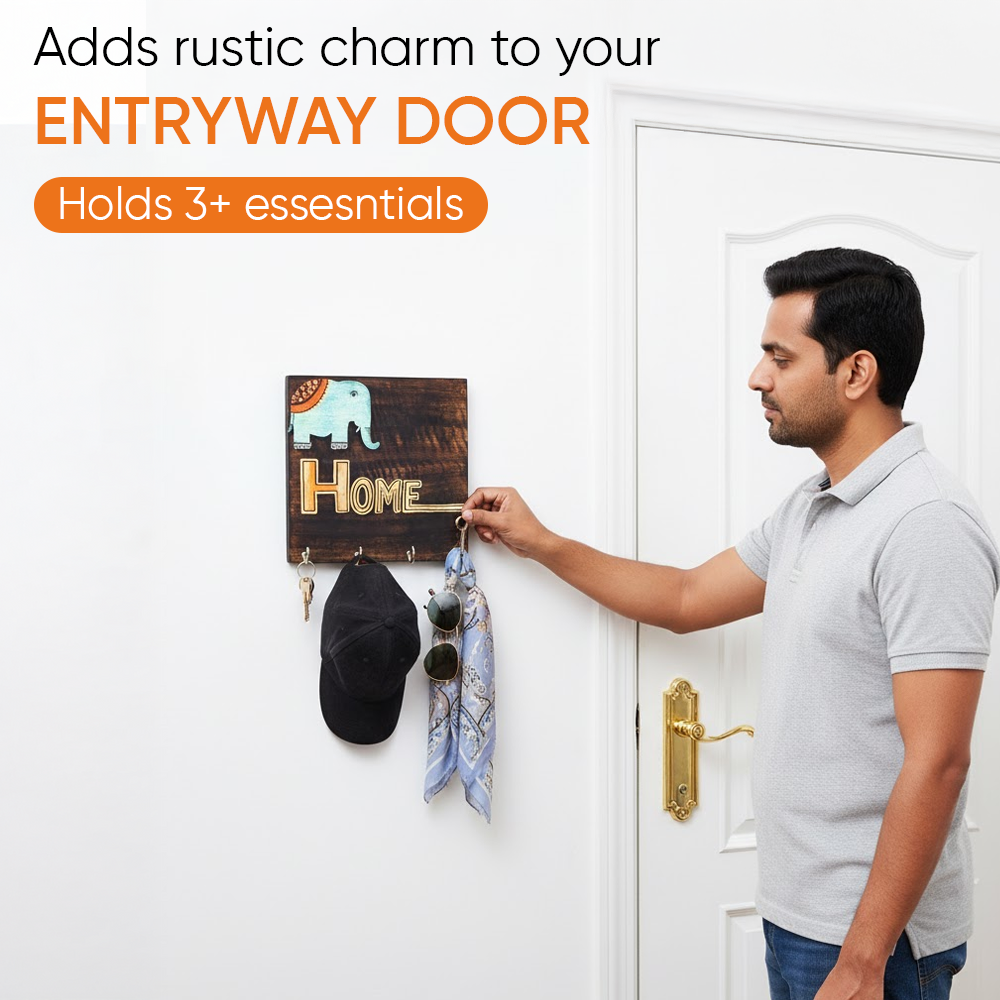 Hola Wooden Key Holder with Hand Painted Elephant and HOME Design, Wall Mounted Key Organizer for Homedecor