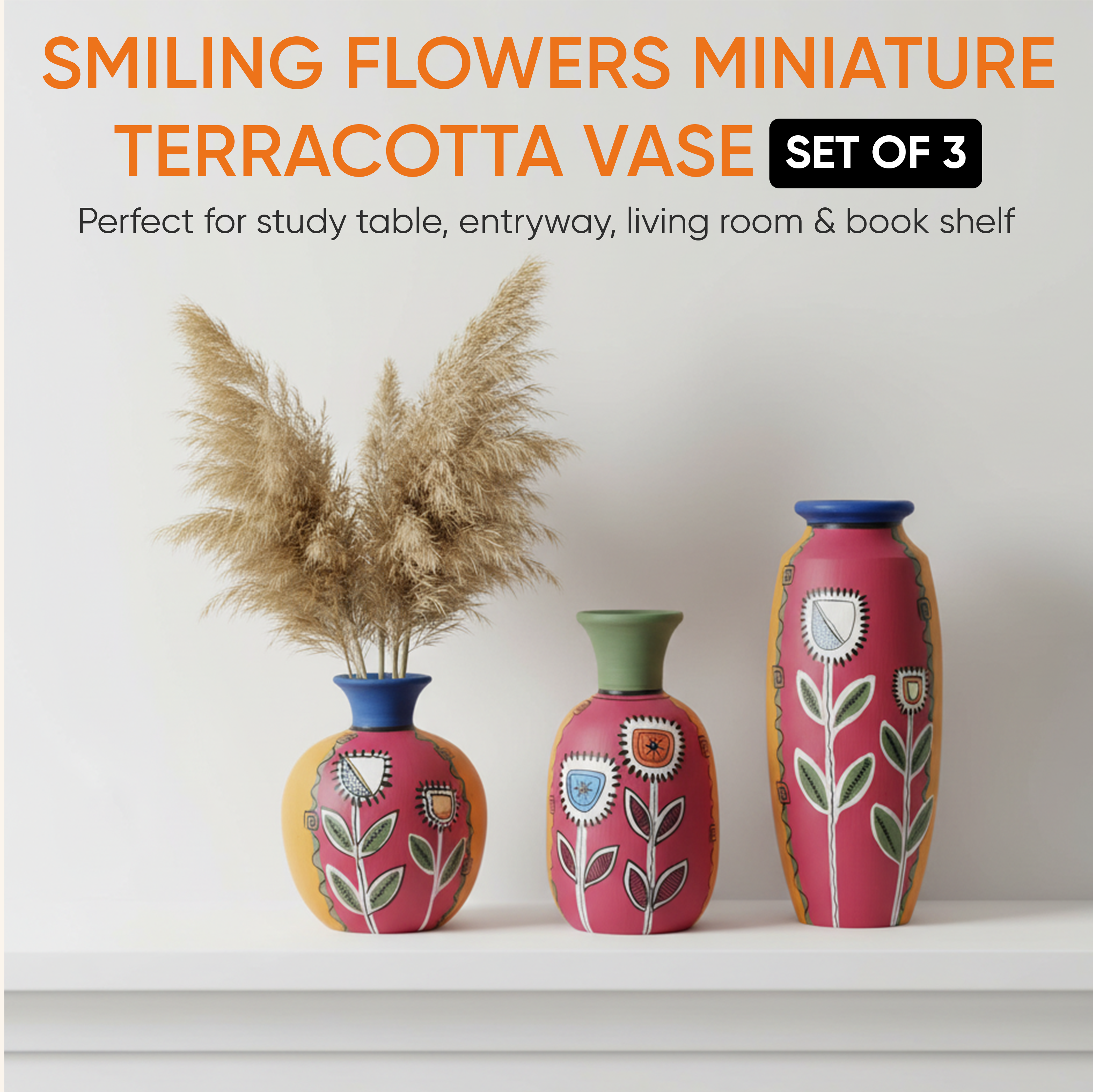Smiling Flowers Colorful Vases (So3) in Magenta (3x3/5.5x2.5/6x3 HxDia)