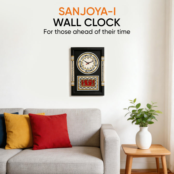 Wall Clock Handcrafted Warli/Dhokra Art Black Dial with Glass Frame (10x15)