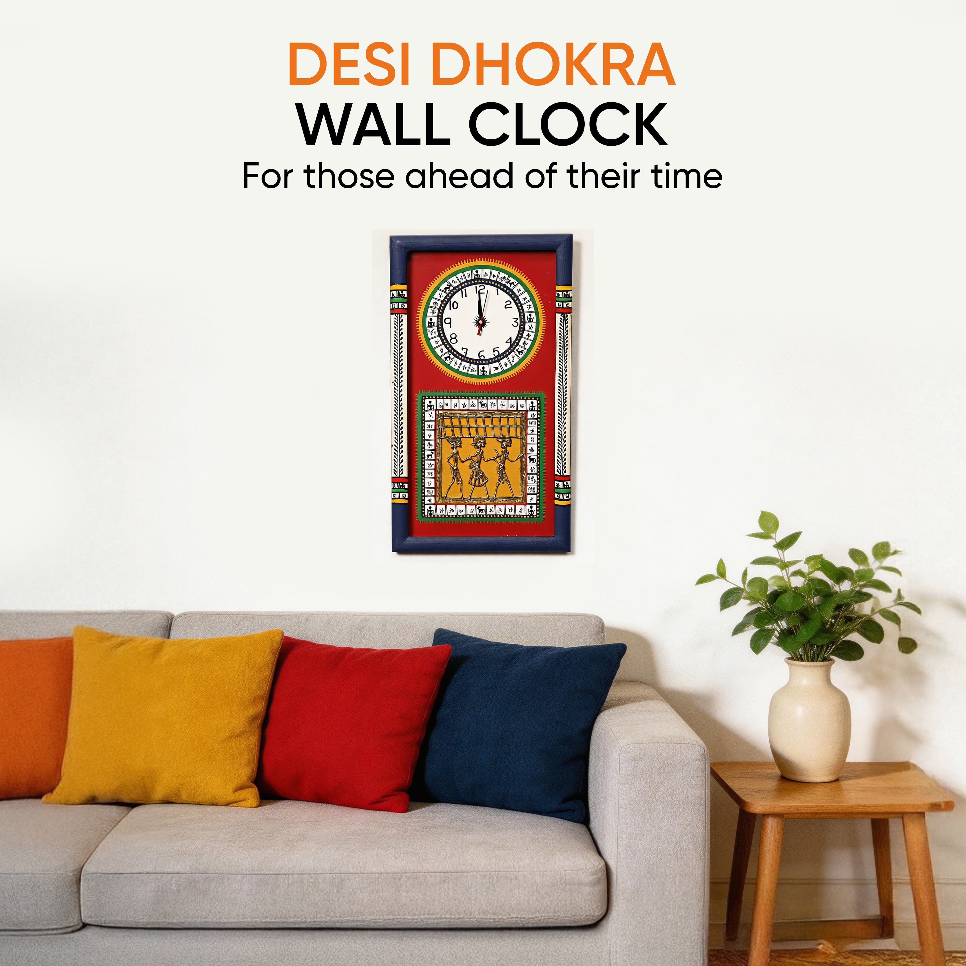 Desi Dhokra Wall Clock Warli Dial with Glass Frame (10x18)