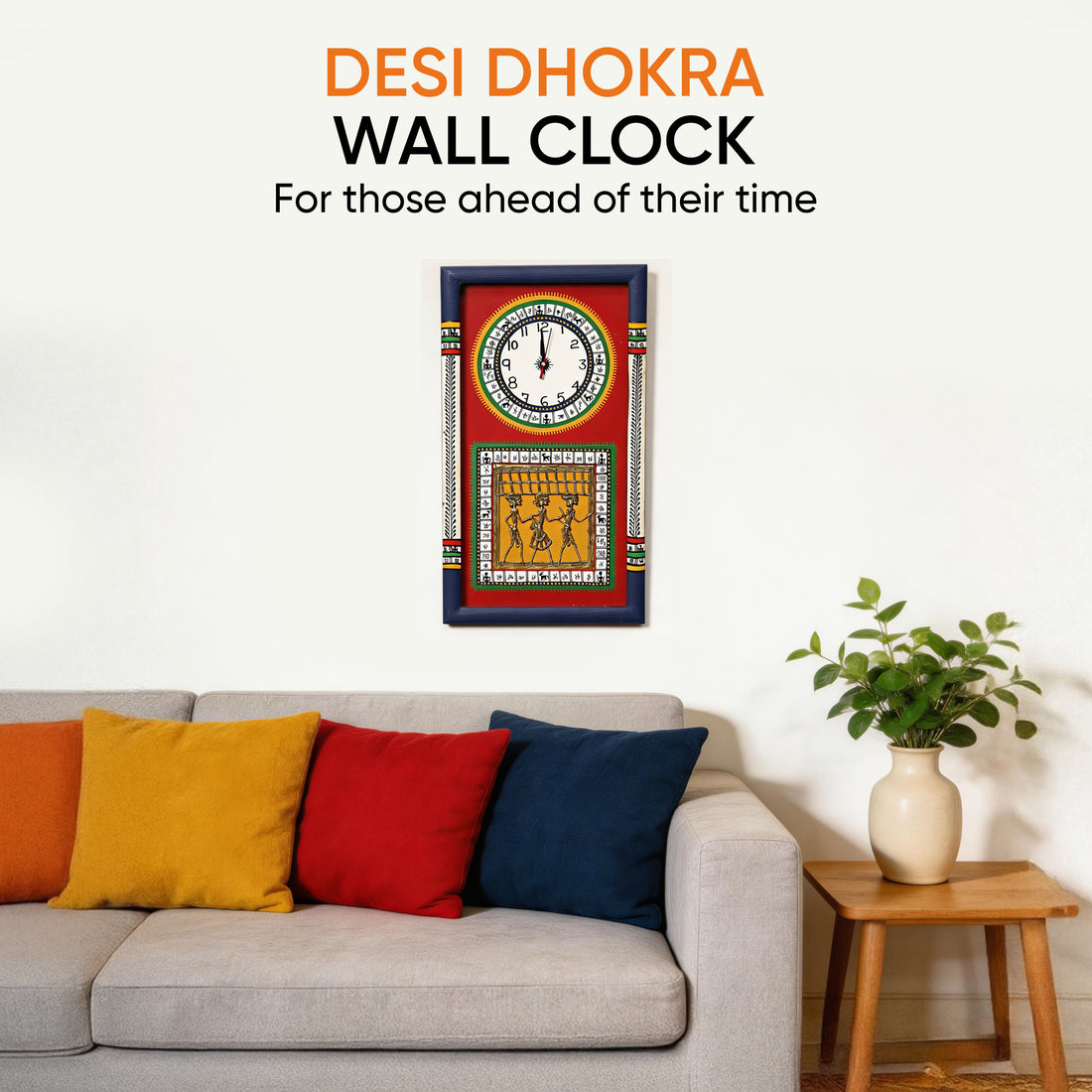 Desi Dhokra Wall Clock Warli Dial with Glass Frame (10x18)