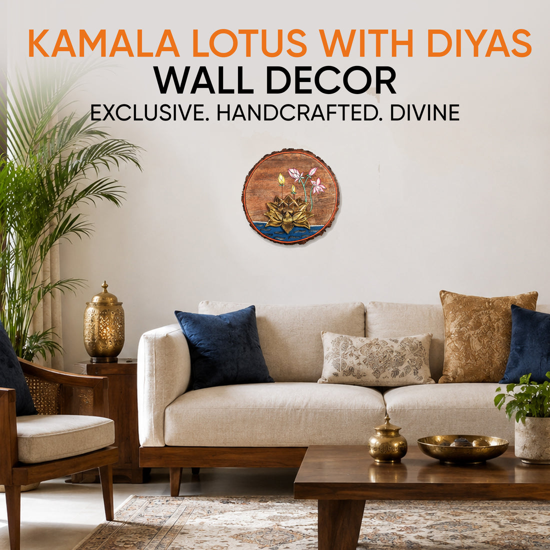 Kamala Lotus Wall Art, Handcrafted Wooden Decor with Lotus Flower and Diyas for Purity, Grace and Spiritual Glow