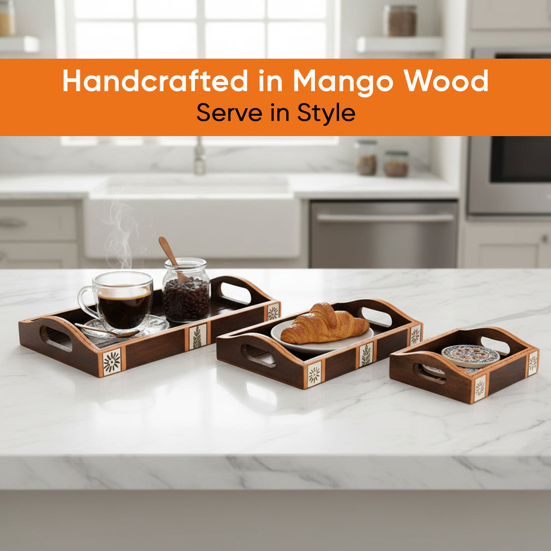 Trays with Tribal Art Handcrafted in MangoWood (set of 3) (9x5/6x4/5.5")
