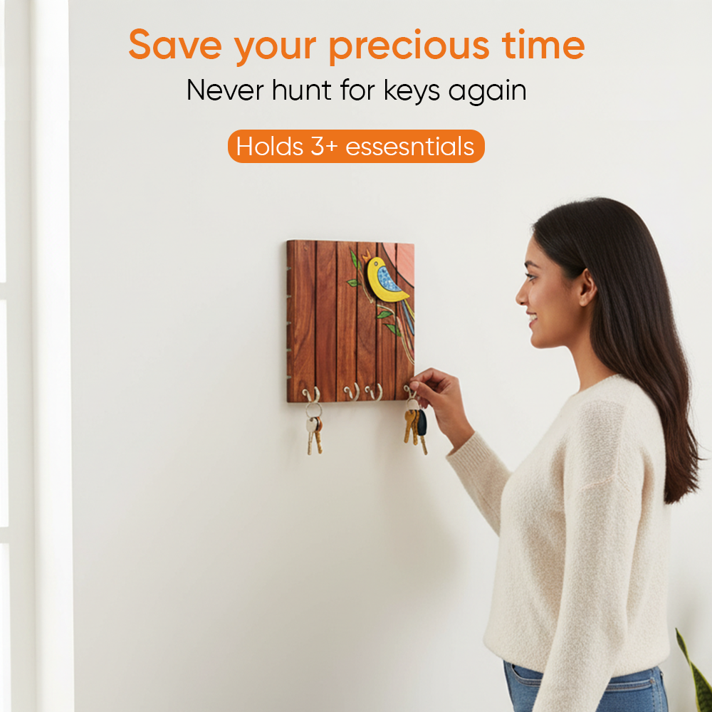 Robin Hand Painted Wooden Key Holder, Wall Mounted Bird Design Key Hanger for Entryway and Homedecor