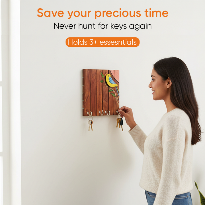 Robin Hand Painted Wooden Key Holder, Wall Mounted Bird Design Key Hanger for Entryway and Homedecor