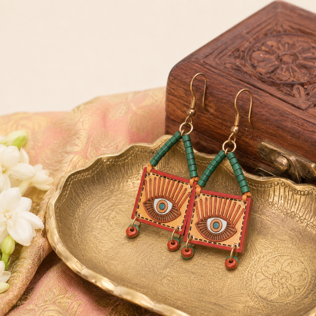 Evil Eye-VI' Handcrafted Tribal Wooden Earrings