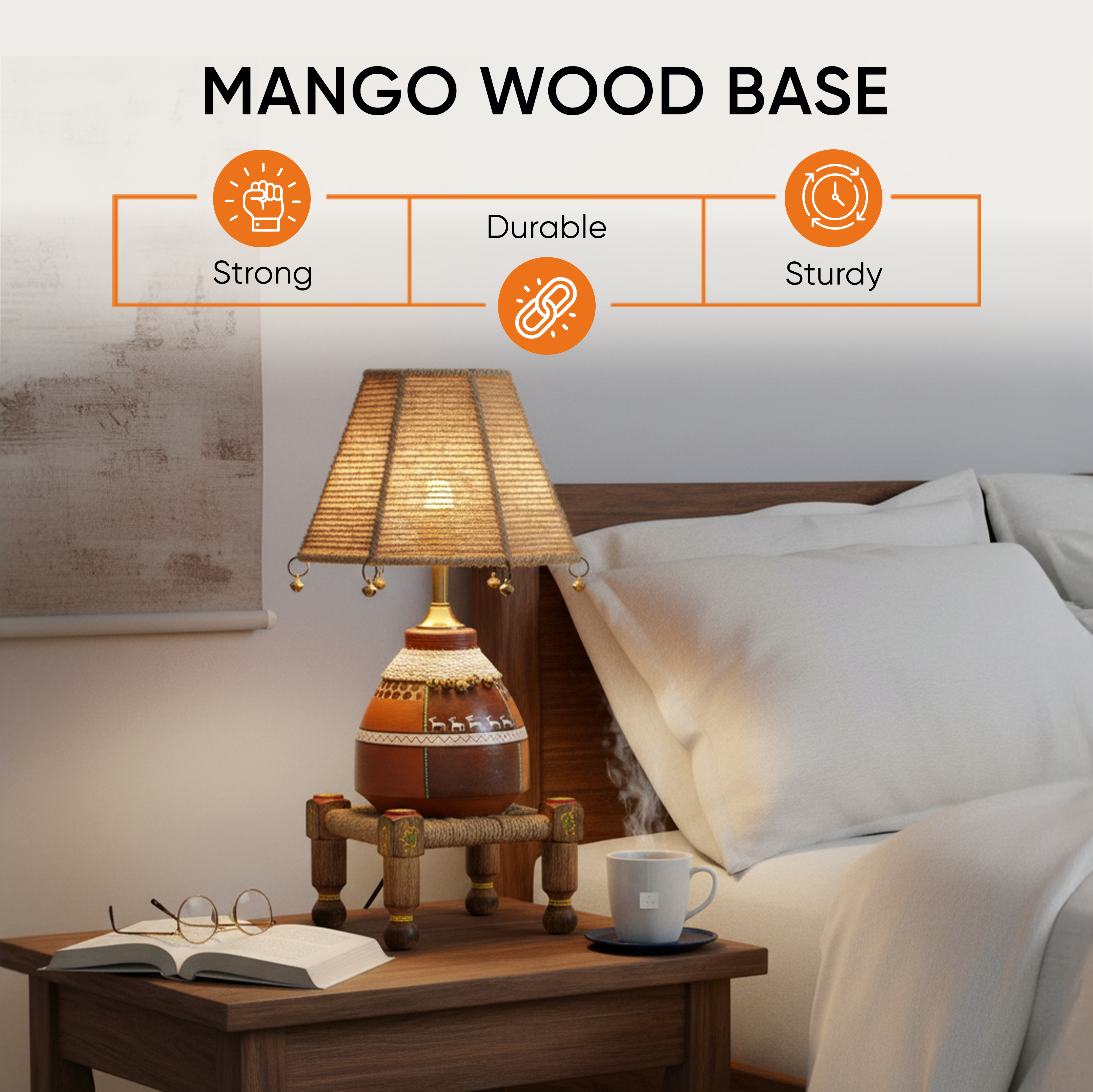 Hand Knitted Earthen Lamp with Jute Shade on Rosewood Manji (7x7x18")