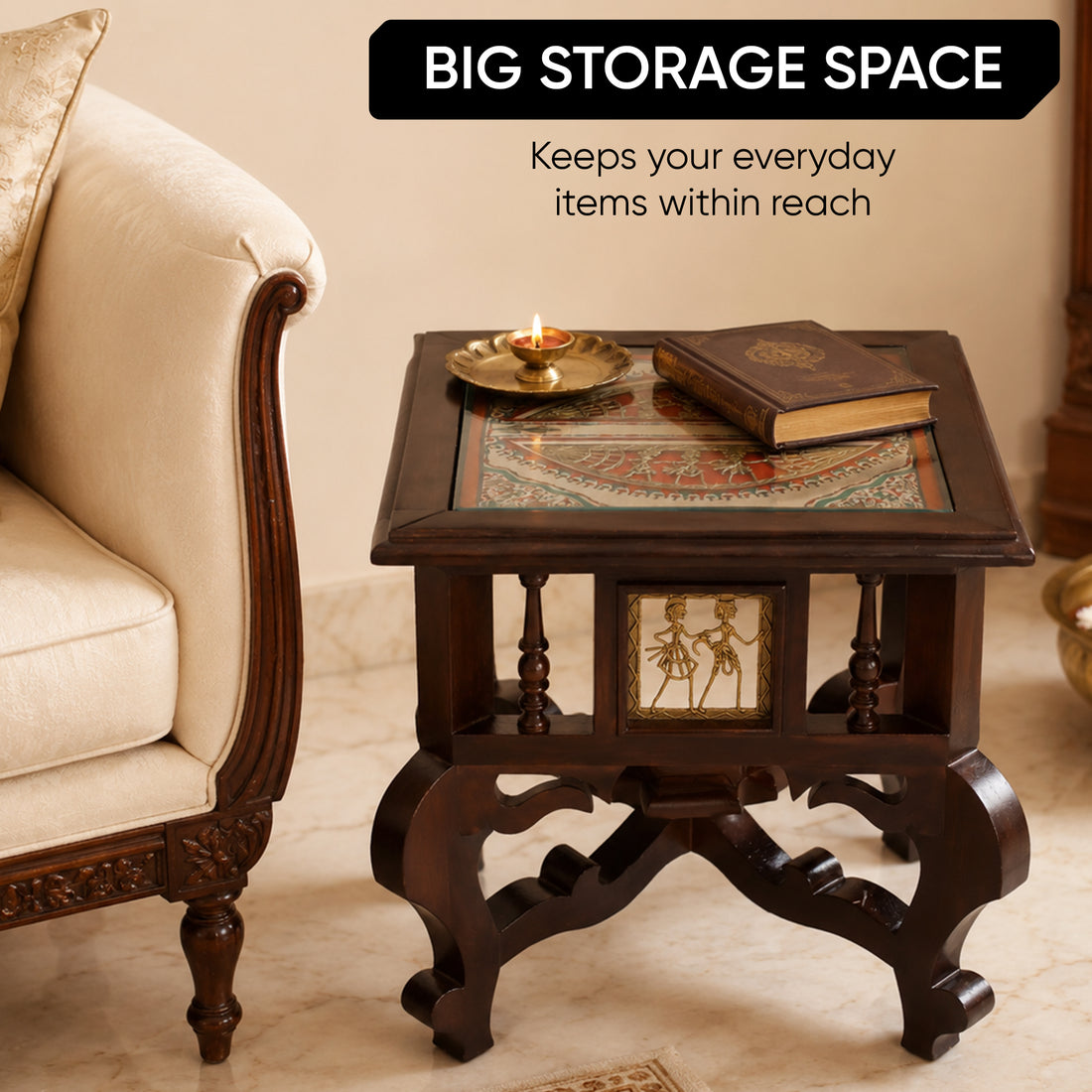 Munich Bedside Table with Oriental Legs in Teakwood with Walnut Finish (16x16x16)