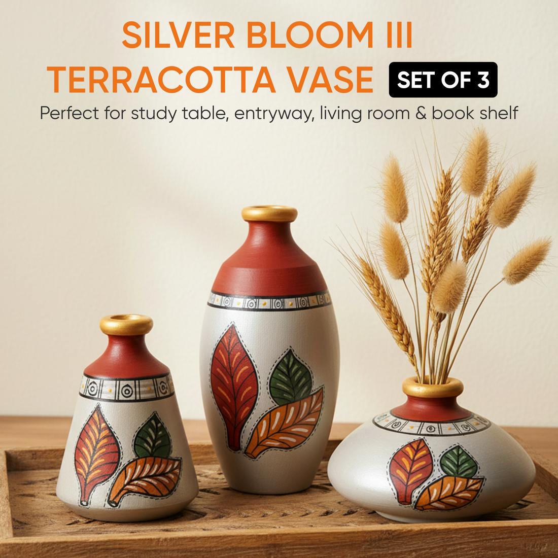 Silver Bloom Earthen Vases Handpainted in Tribal Art