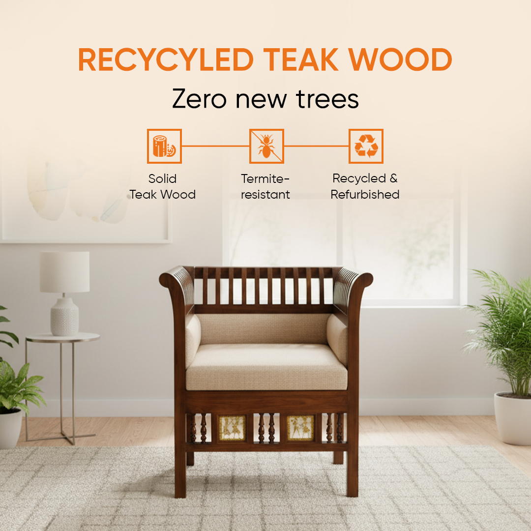 Polo-I Single Seater Sofa in Striped Wood Pattern created in Teakwood with Walnut Finish