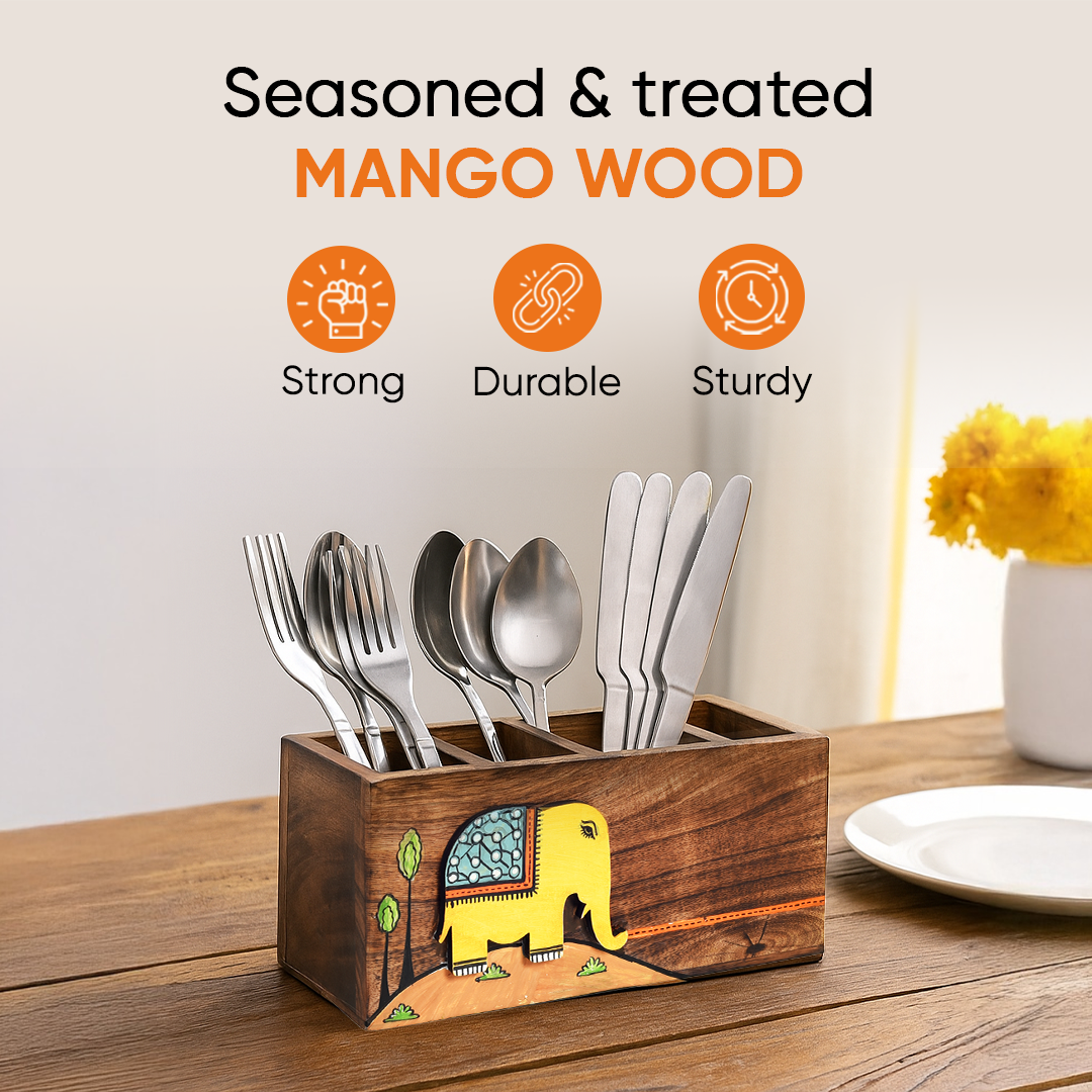 Hola Hand Painted Wooden Cutlery Holder, Artisan Organizer for Dining Table and Kitchen