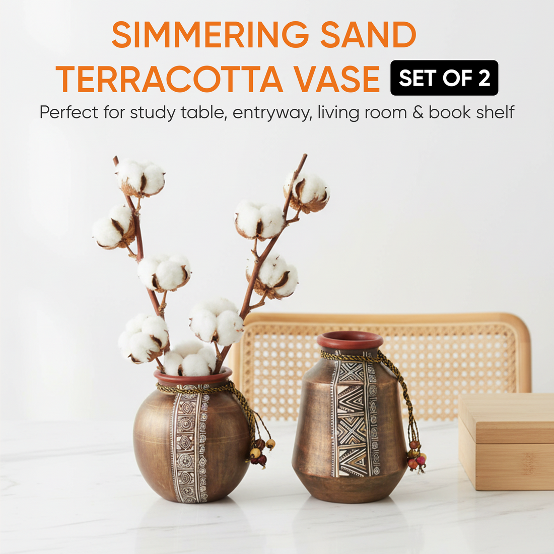 Simmering Sand Handpainted Terracotta Vase Set of 2 (4x3x5.5/4.5x2.5x6.5)