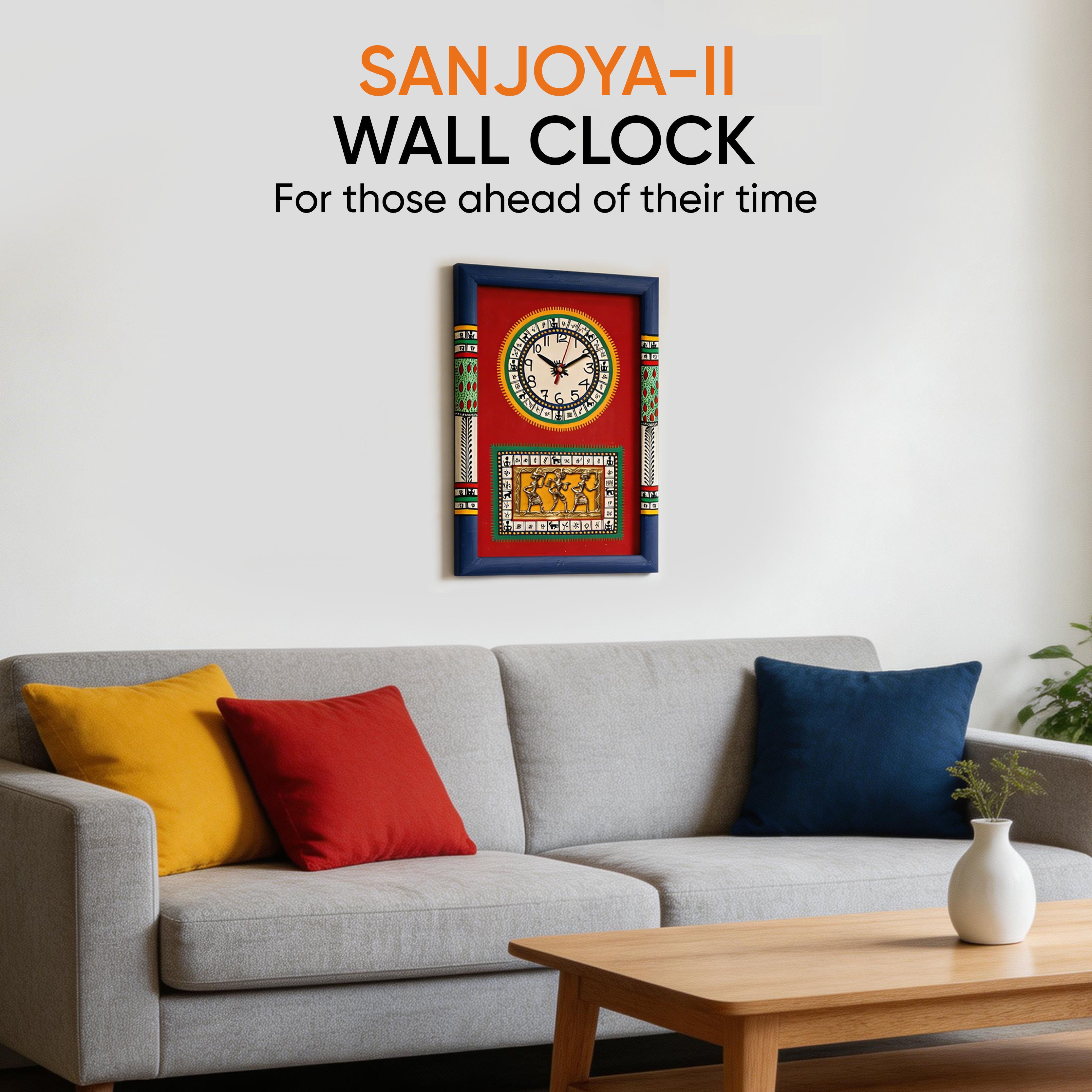 Wall Clock Handcrafted Warli/Dhokra Art Red Dial with Glass Frame (10x15)