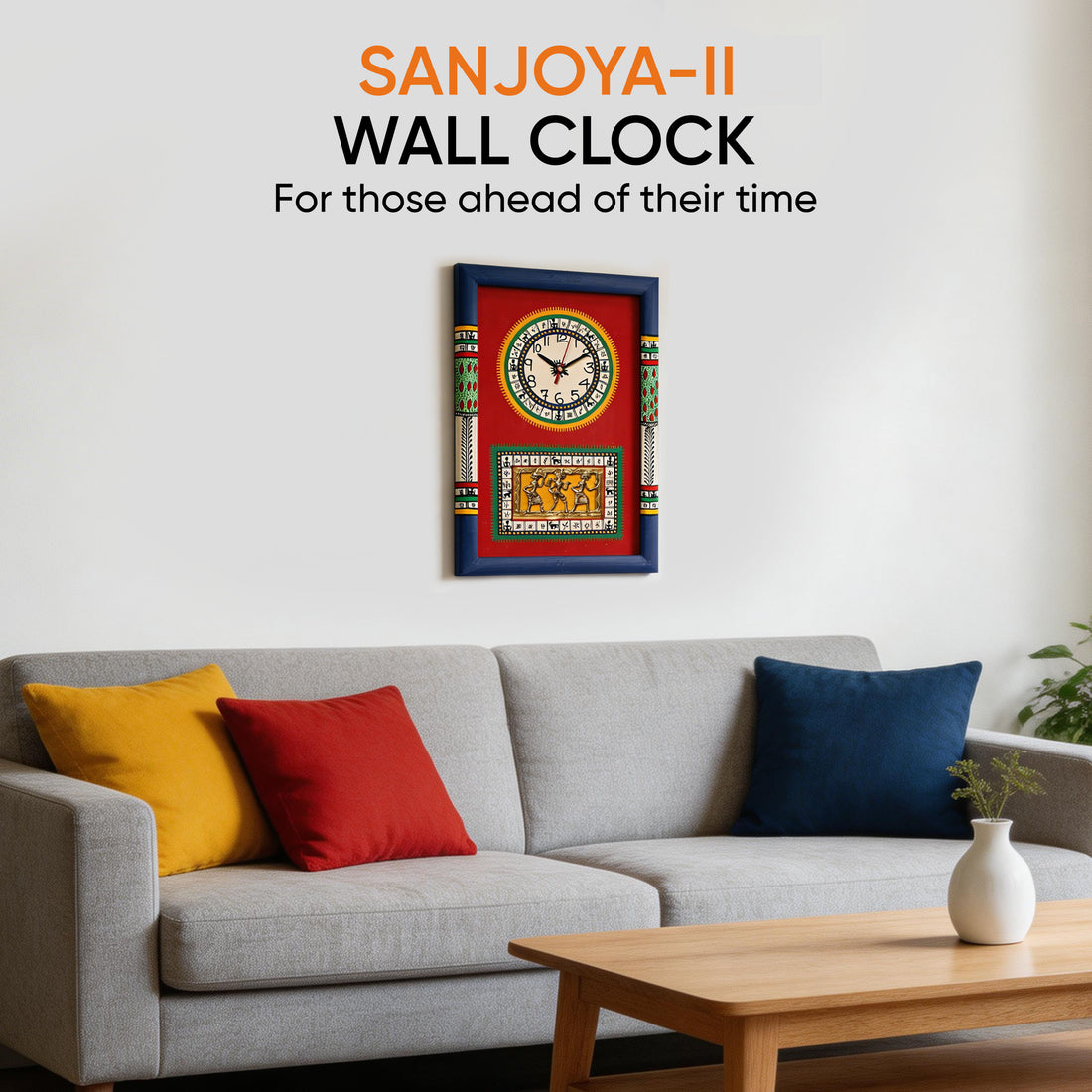 Wall Clock Handcrafted Warli/Dhokra Art Red Dial with Glass Frame (10x15)