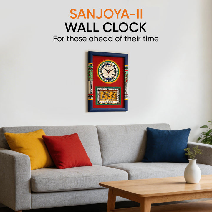 Wall Clock Handcrafted Warli/Dhokra Art Red Dial with Glass Frame (10x15)