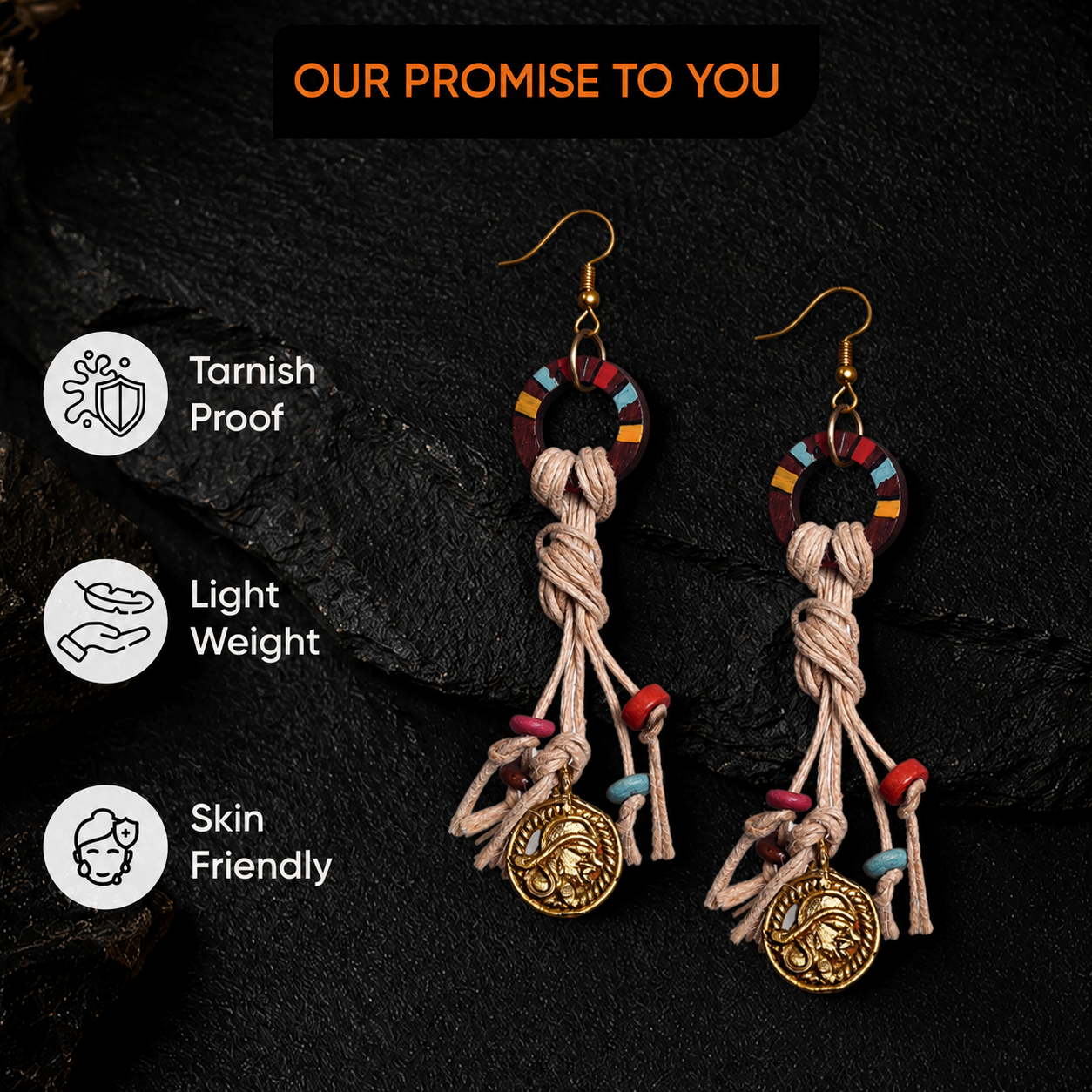 Rustic Loops: Handcrafted Wooden Earrings with Intricate Brass Figures