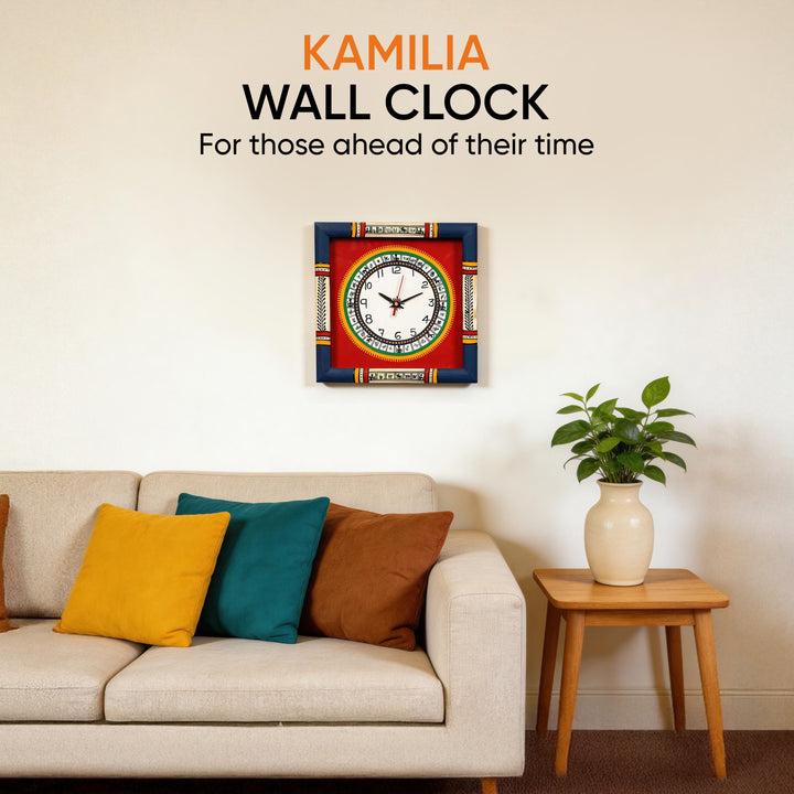 Wall Clock Handcrafted Warli Art Red Dial with Glass Frame (10x10)