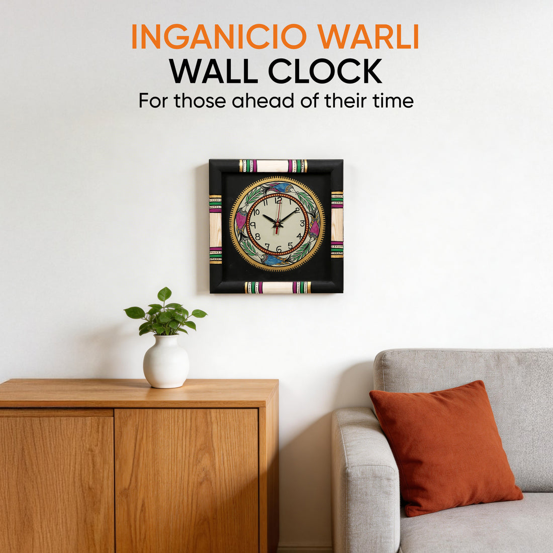 Wall Clock Handcrafted Warli Art Black Dial with Glass Frame (10x10)