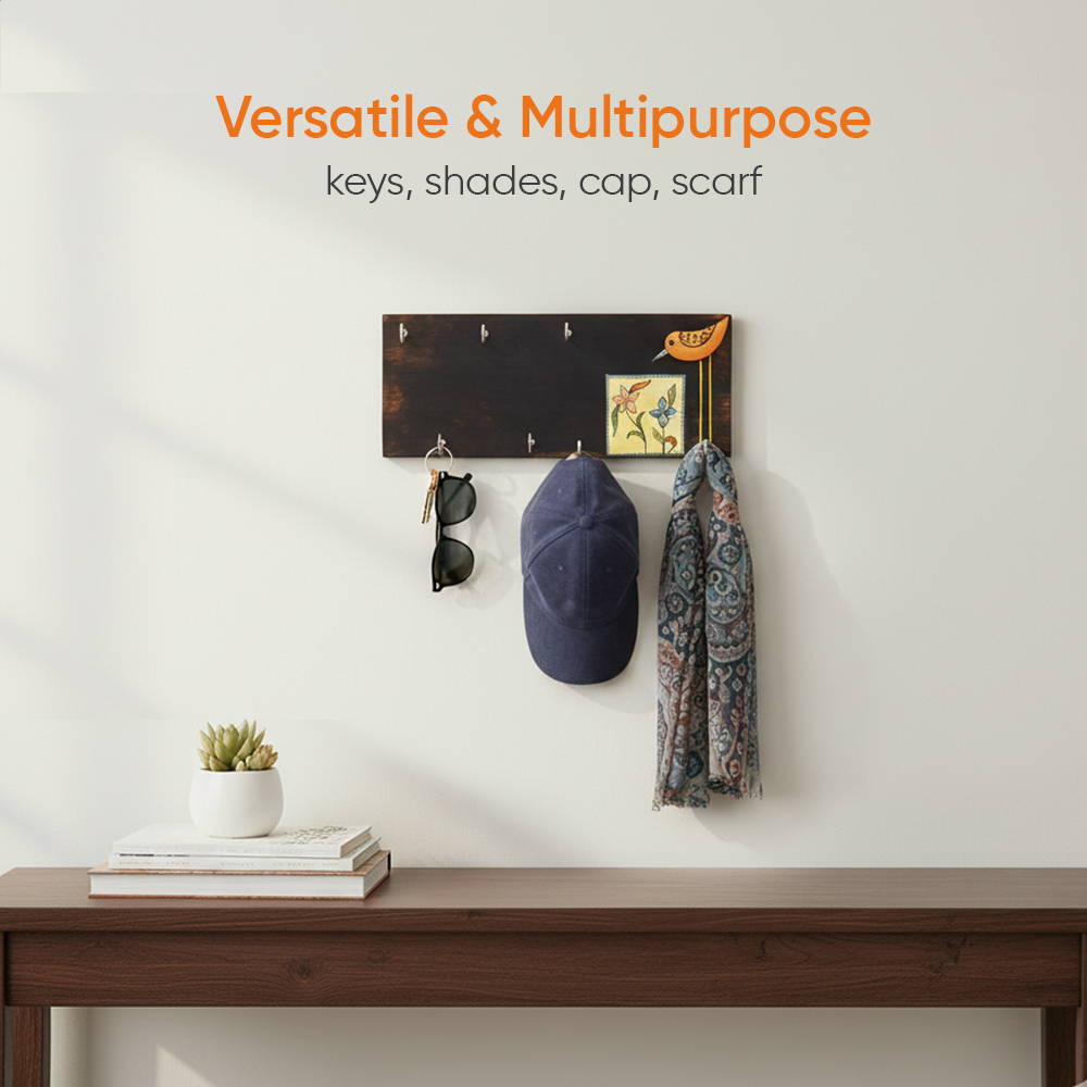 Rio Hand Painted Wooden Key Holder, Horizontal Wall Mounted Key Hanger with Bird and Floral Art for Entryway and Homedecor