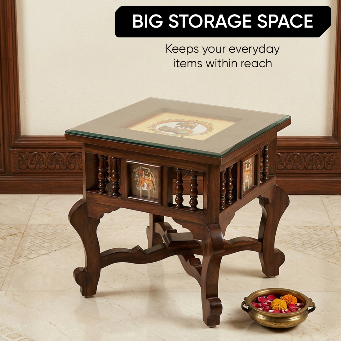 Mahi Bedside Table with Oriental Legs in Teakwood with Walnut Matte Finish