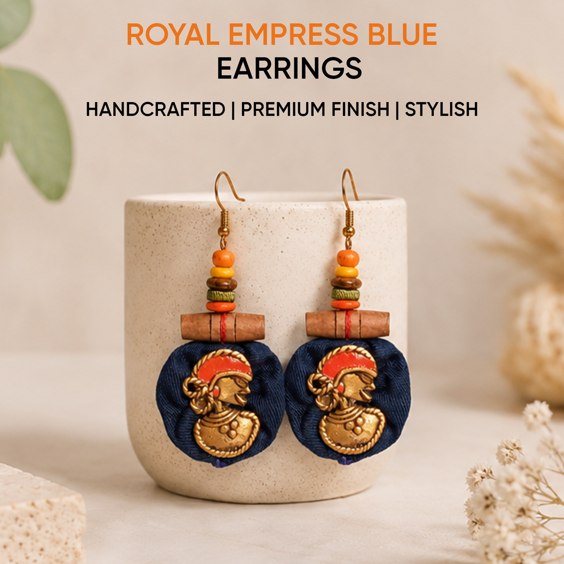 The Royal Empress Handcrafted Tribal Dhokra Round Earrings in Blue