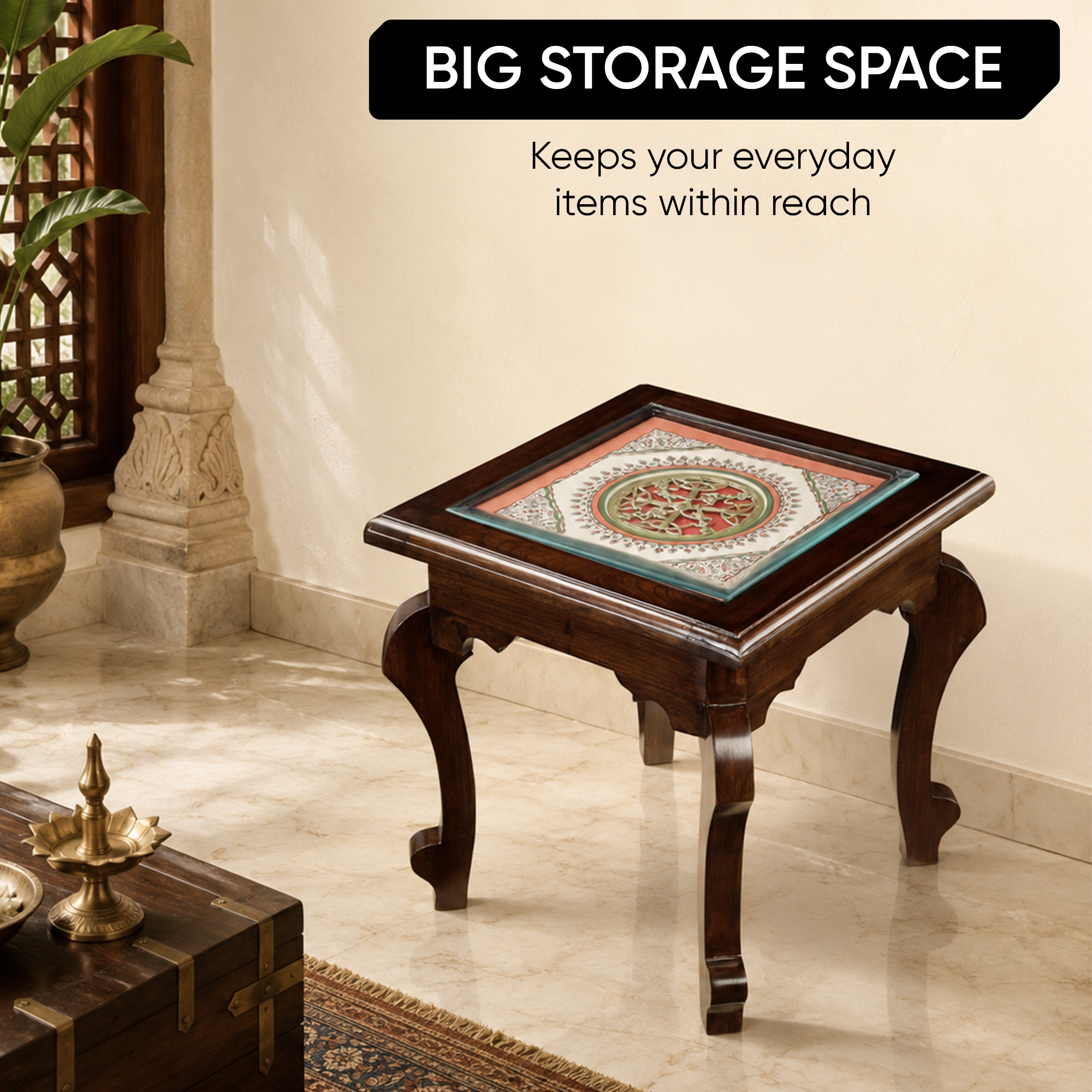 Munich-I Bedside Table with Oriental Legs in Teakwood with Walnut Matte Finish (16x16x16)