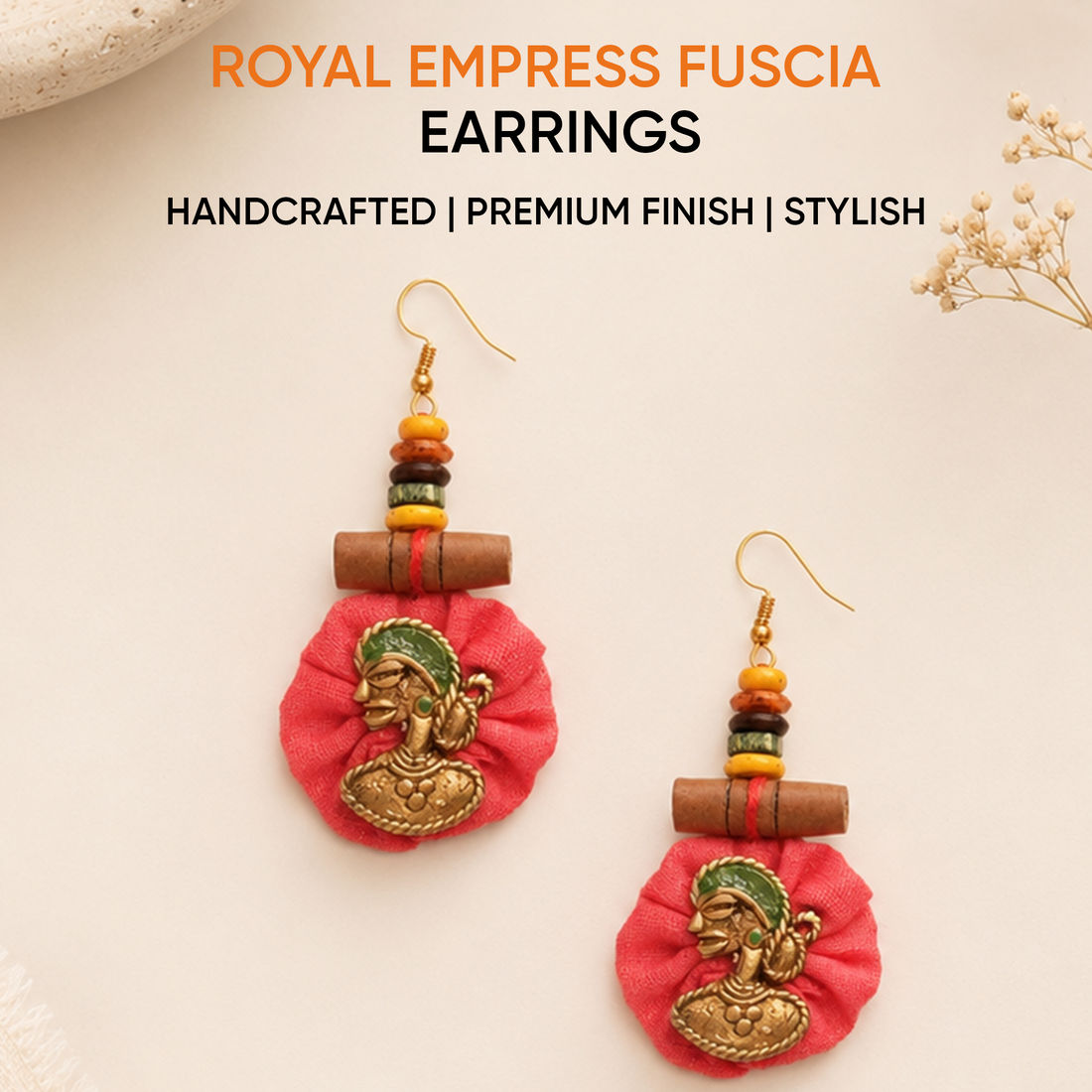 The Royal Empress Handcrafted Tribal Dhokra Round Earrings in Fuscia