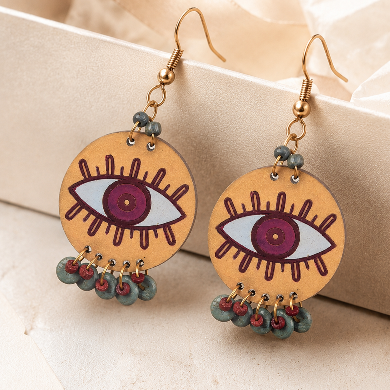 Evil Eye-I' Handcrafted Tribal Wooden Earrings