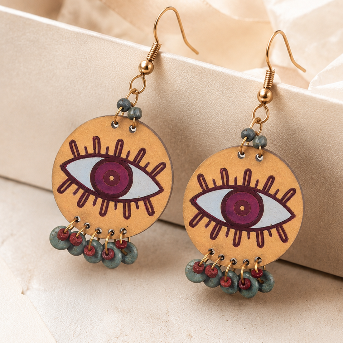 Evil Eye-I' Handcrafted Tribal Wooden Earrings