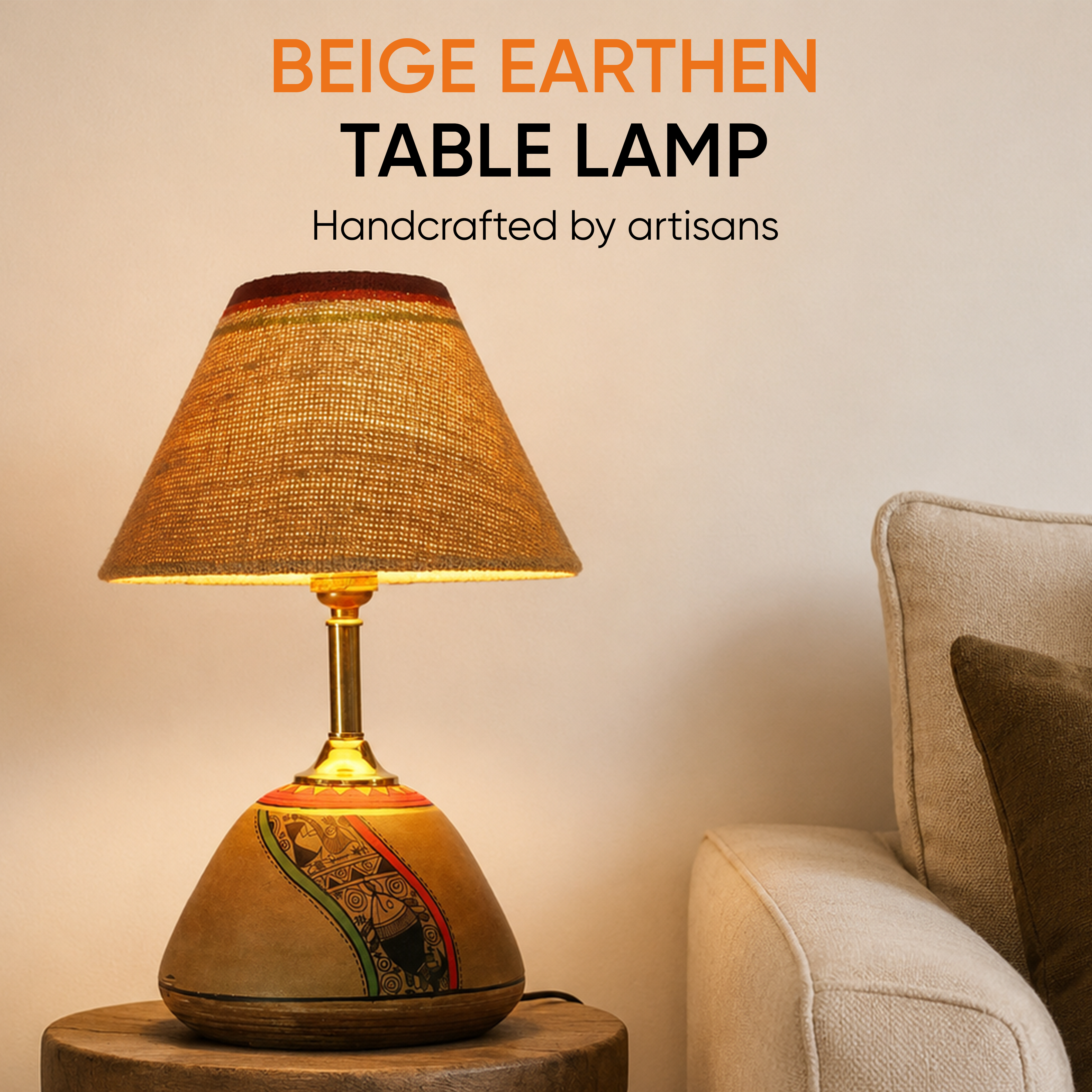 Table Lamp Beige Earthen Handcrafted with White Shade (12.6x6.1")