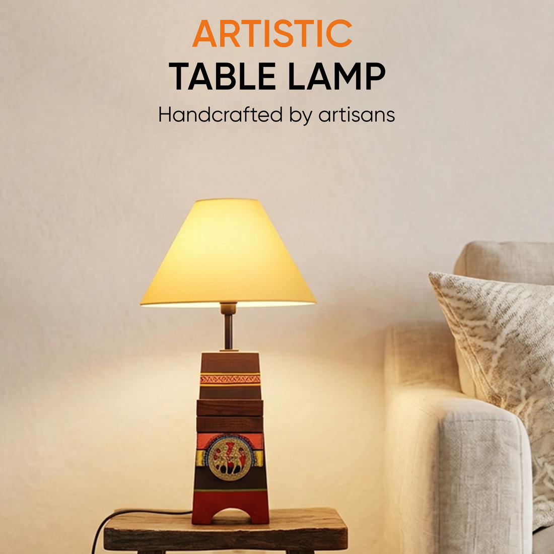 Handcrafted Wooden Table Lamp with Beige Shade, Artistic Bedside and Living Room Lighting