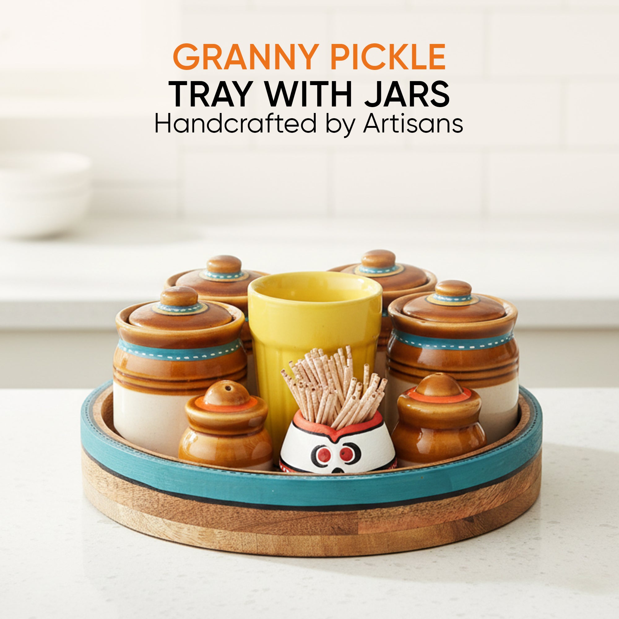 Granny Pickle Tray, Traditional Ceramic Pickle Jar Set with Wooden Tray and Utility Holders